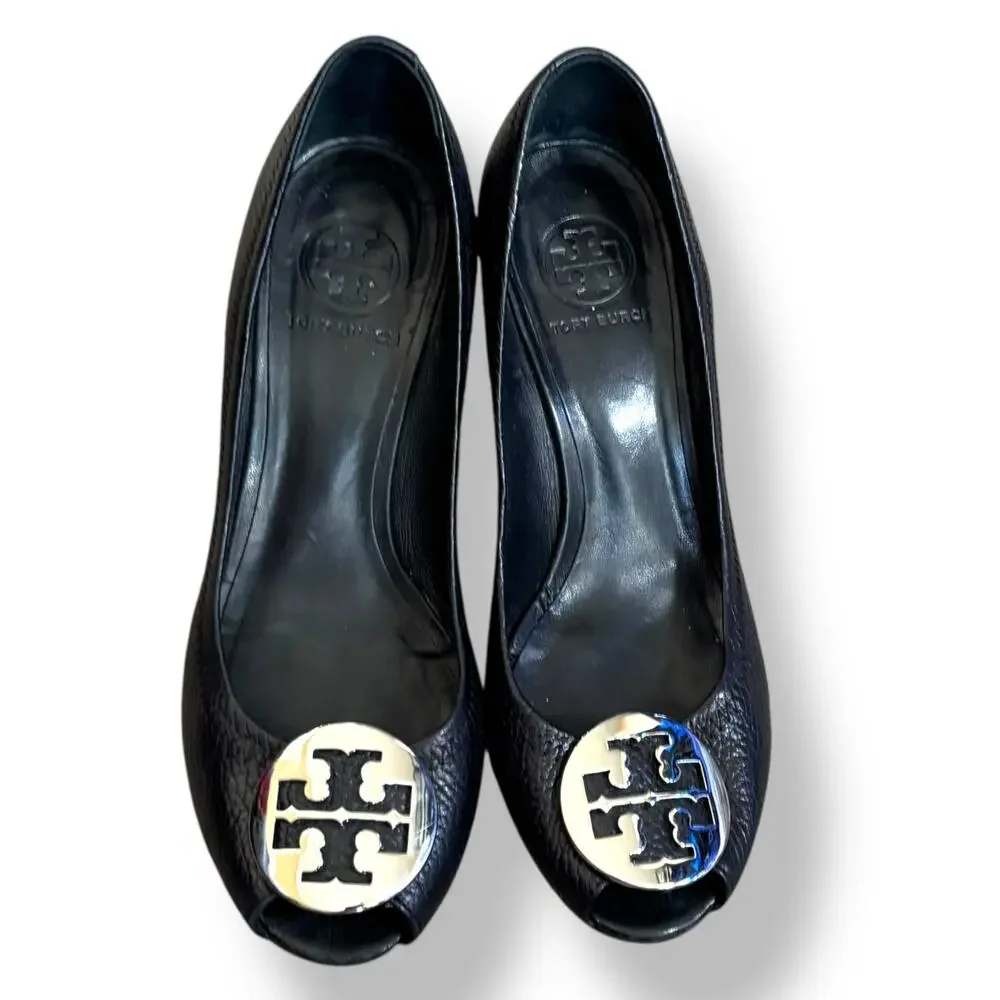 Tory Burch Sally Black‎ Pebbled Leather Wedge Peep Toe Pumps Gold Medallion Logo